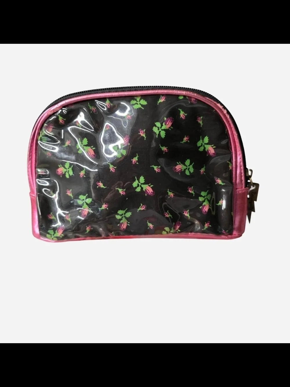 Betseyville by Betsey Johnson Black Floral Cosmetic Pouch with Hot Pink Trim